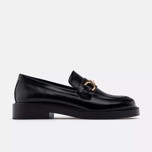 Zara Womens black flat buckled Loafers with Gold Accent. NWT